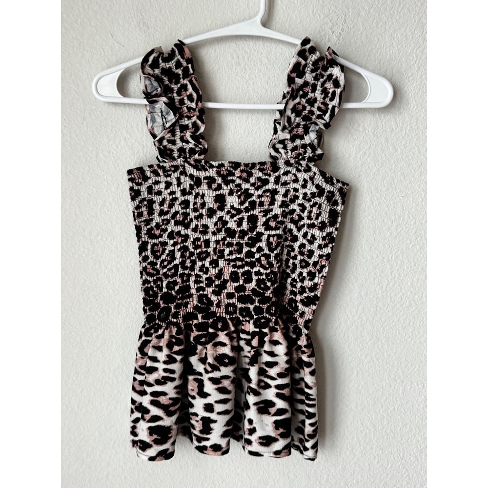 Leopard Print Smocked Peplum Top Pink Black Ruffle Strap Sleeveless Small